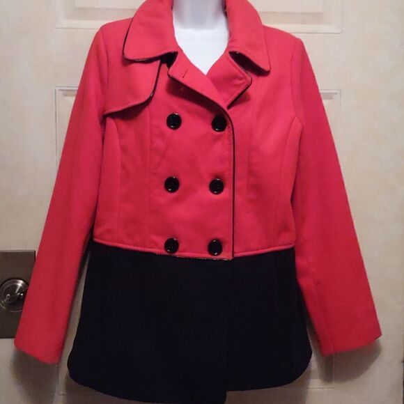 Steve Madden Women's Size L‎ Classic Winter Coat Red Black Color Block Button - Picture 2 of 10